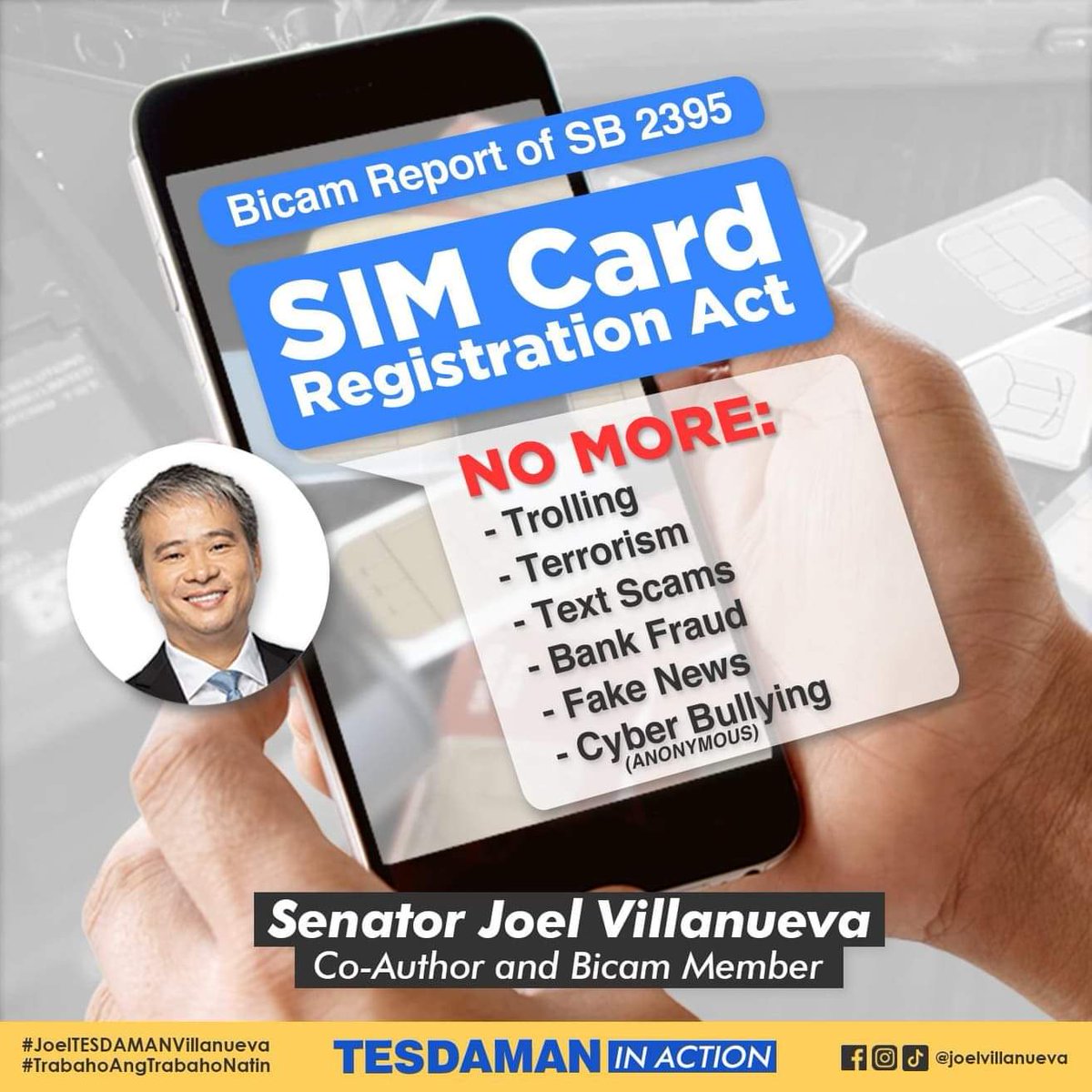 SJV2022_SL's tweet photo. Bye bye scammers 👋 Salamat po Sen. Joel Villanueva @senatorjoelv for co-authoring the Sim Card Registration Act!

#61TESDAMAN https://t.co/bSK7igezB6