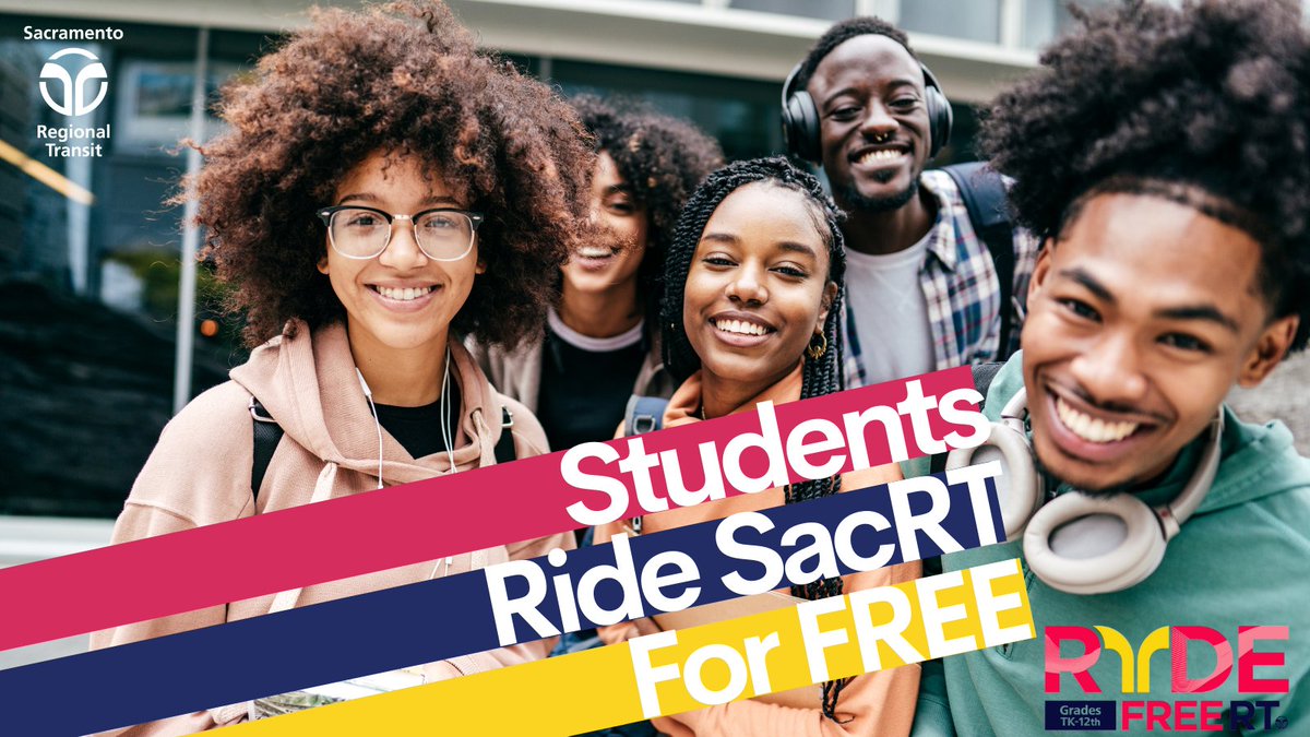 RideSacRT's tweet photo. Students can ride SacRT for FREE with the RydeFreeRT program. Students in grades TK-12th are eligible for free rides on bus, light rail and SmaRT Ride on-demand shuttles. Learn more at https://t.co/FJlhCBXe0A. #StudentsRideFree https://t.co/IZ7gDEeNat