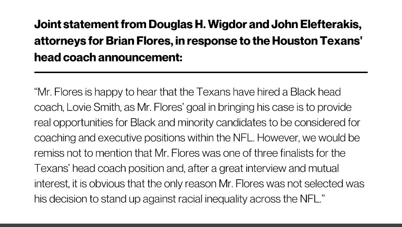 AdamSchefter's tweet photo. After the Texans announced they hired Lovie Smith today, Brian Flores’ attorneys released this statement: https://t.co/3njAv54YC5