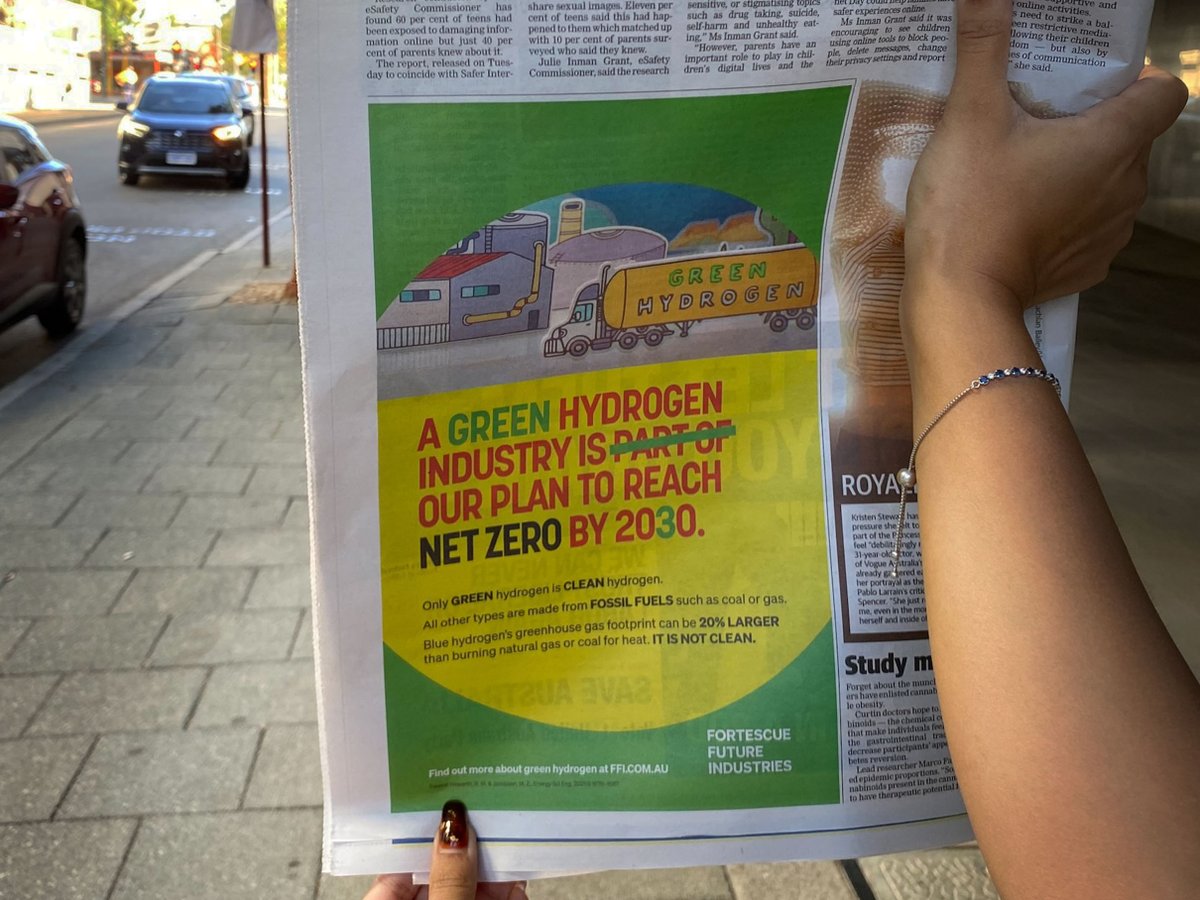 FortescueFuture's tweet image. Only #GreenHydrogen is ‘clean’ hydrogen. The rest, like blue and grey hydrogen, are produced using dirty #FossilFuels – and there isn’t anything clean about that.

Our spot in today's copy of The @westaustralian. ⬇️