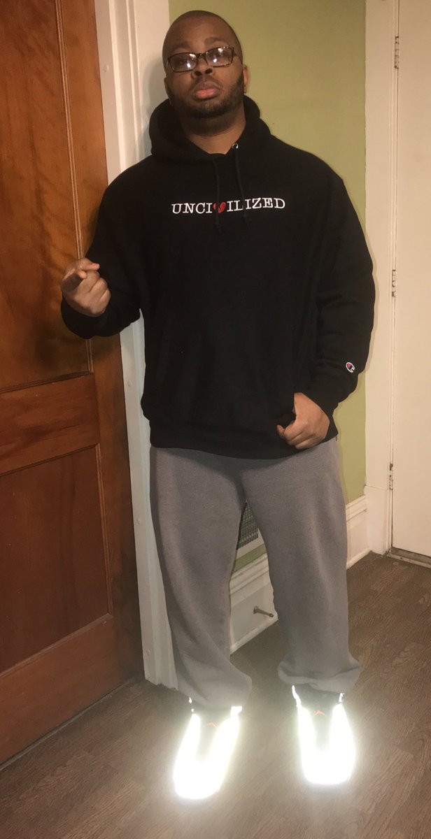 BigDmilz's tweet photo. Just a lil flashy for my lazy #QuarantineDripCheck. AJVI “Reflections of a Champion” on feet. Hoody by Uncivilized. What did y’all rock today? https://t.co/VFgwDJKJpe