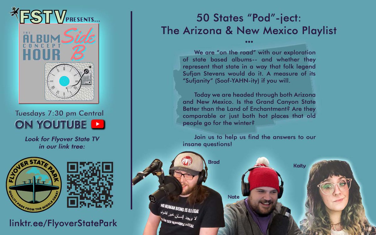 Y'all come join us for our live podcast where we talk about music that is vaguely related to the 50 states! This week we've got Arizona and New Mexico. 🎶🎶🎶🎶

You can listen to the entire playlist on your own before the show right here- we play samples: youtube.com/playlist?list=…
