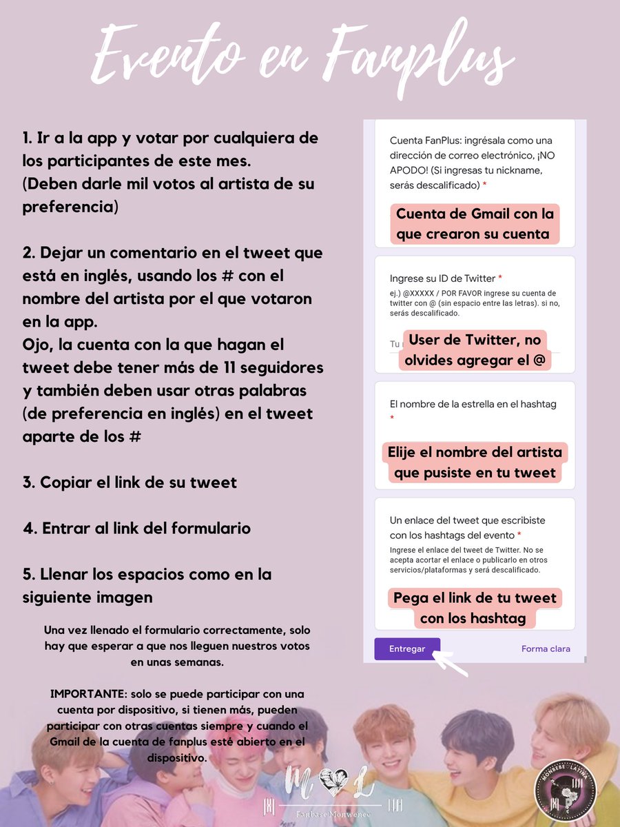 latina_monbebe's tweet photo. 📢 PRIMER EVENTO DEL MES

Monwenee, participa para ganar 10k votos, ES MUY FÁCIL

👉🏻 Los pasos para participar están en la imagen

Ejemplo de Tweet:
"I vote for Jonghyun, the best vocal in the history of k-pop

#/FanPlusApril_Jonghyun
#/Fanplus #/Jonghyun" https://t.co/r59l2ksILy