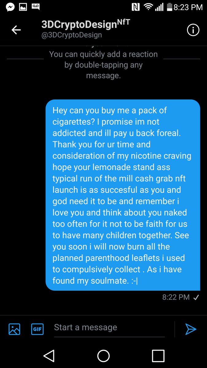 doudodew's tweet photo. Hey you know those cash grab nft bots or desperate humans that crowd your inbox? Well i kinda did something about it. Dont thank me . thank adderall ( im sober actually )
#NFTCommunity #NFT #NFTs #4dchess https://t.co/fpfil5gKol