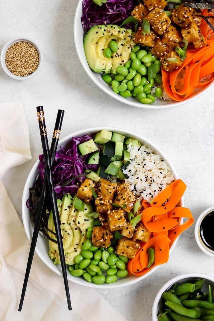 Vegan power  protein bowl with rice, avocado, green beans, tofu cooked with soya sauce, carrots, red cabbage full meal with all essentials vitamins and minerals without taking animal life. #vegan .#healthy #green #loveyourself #stopanimalkilling