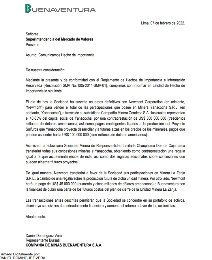 #Buenaventura decide vender su participación en #Yanacocha a la gigante #Newmont. Las transacciones permitirán que #Buenaventura se concentre en su portafolio de activos. Aquí compartimos el documento oficial.
<a href="/MinemPeru/">Ministerio de Energía y Minas</a> @MineraYanacocha <a href="/snmpeperu/">SNMPE Perú</a>