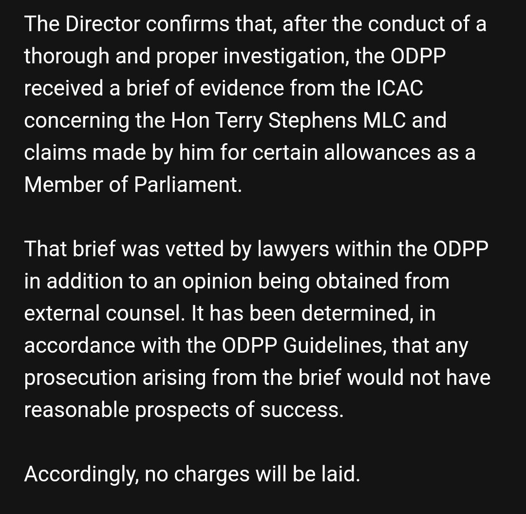 Rory_McClaren's tweet image. Here's the statement from the DPP confirming no charges will be laid against senior state Liberal MP @tstephensMLC over claims to country members accommodation allowance. @abcadelaide #saparli