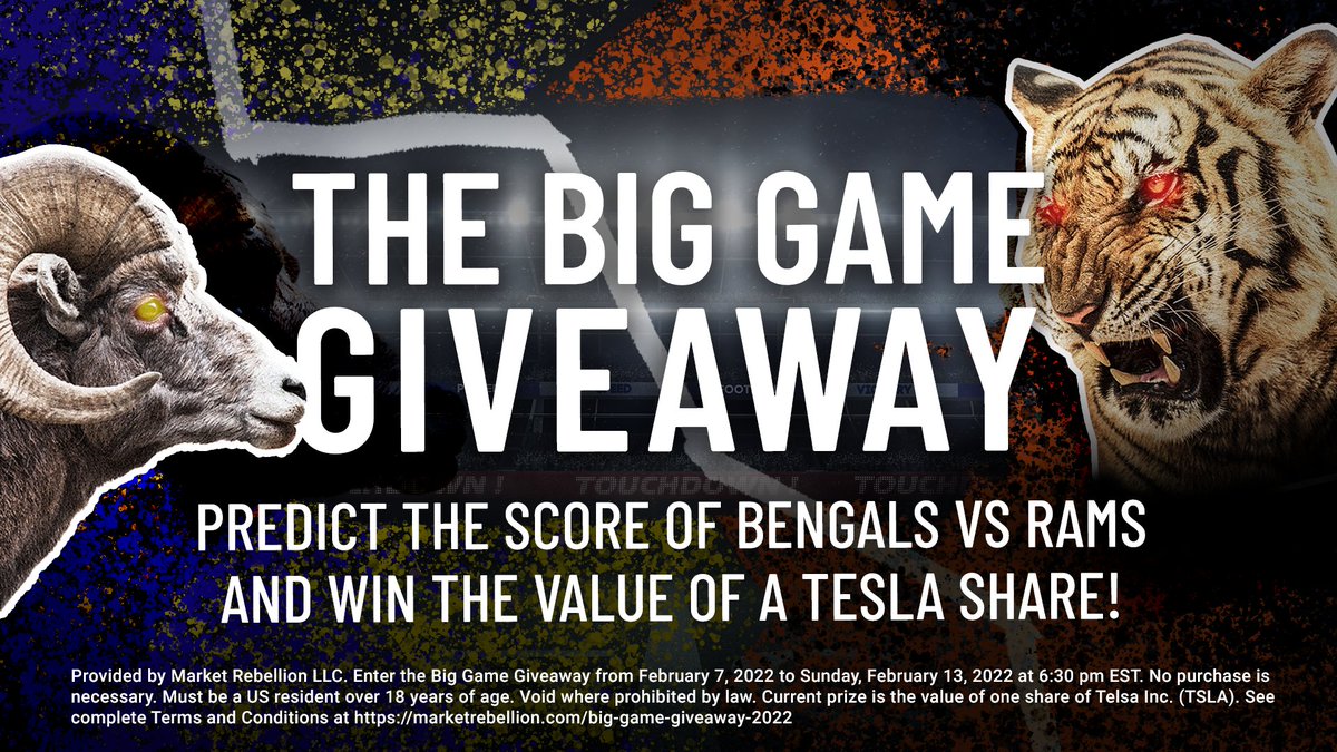 MarketRebels's tweet image. Predict the score of The Big Game and win the value of a share of $TSLA!
To qualify:
1. Follow @MarketRebels on Twitter
2. Retweet with your prediction and tag 3 friends
Terms & Conditions: bit.ly/3HHfwe0