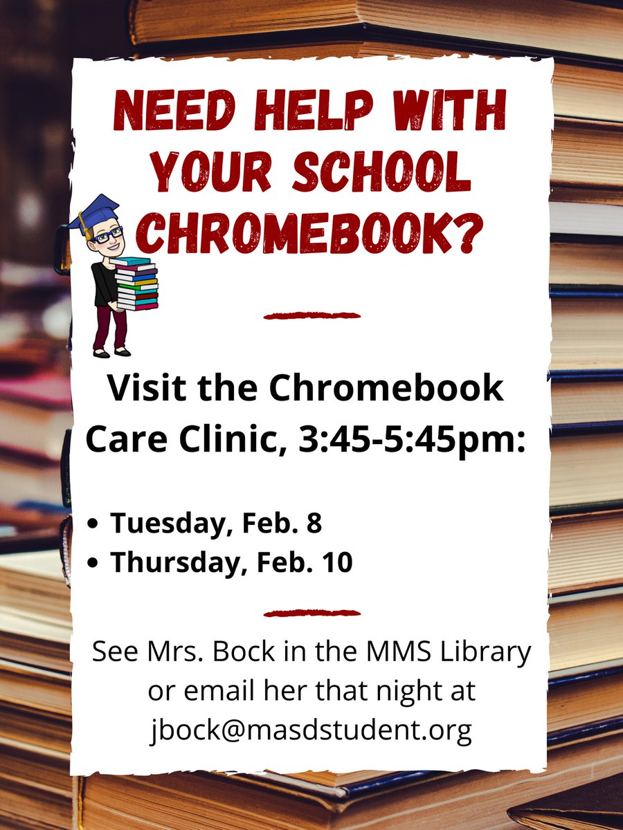 MMS_Library's tweet image. Need help with your school Chromebook? Visit the Chromebook Care Clinic! You can stop by the MMS Library during your family’s conference night from 3:45-6:45pm on Tuesday, Feb. 8 or 10 or email librarian Mrs. Bock during those times to arrange remote troubleshooting. #masdproud