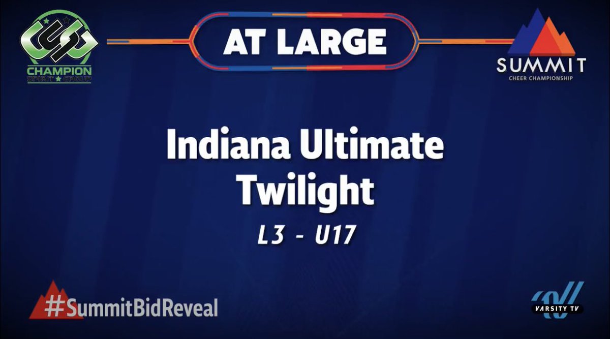 indianaultimate's tweet photo. Congratulations TWILIGHT, SLATE & STEEL on your At Large Bids to SUMMIT!!!!
#summit2022 #allstarcheer #atlargebid https://t.co/Ltg4S2UmSe