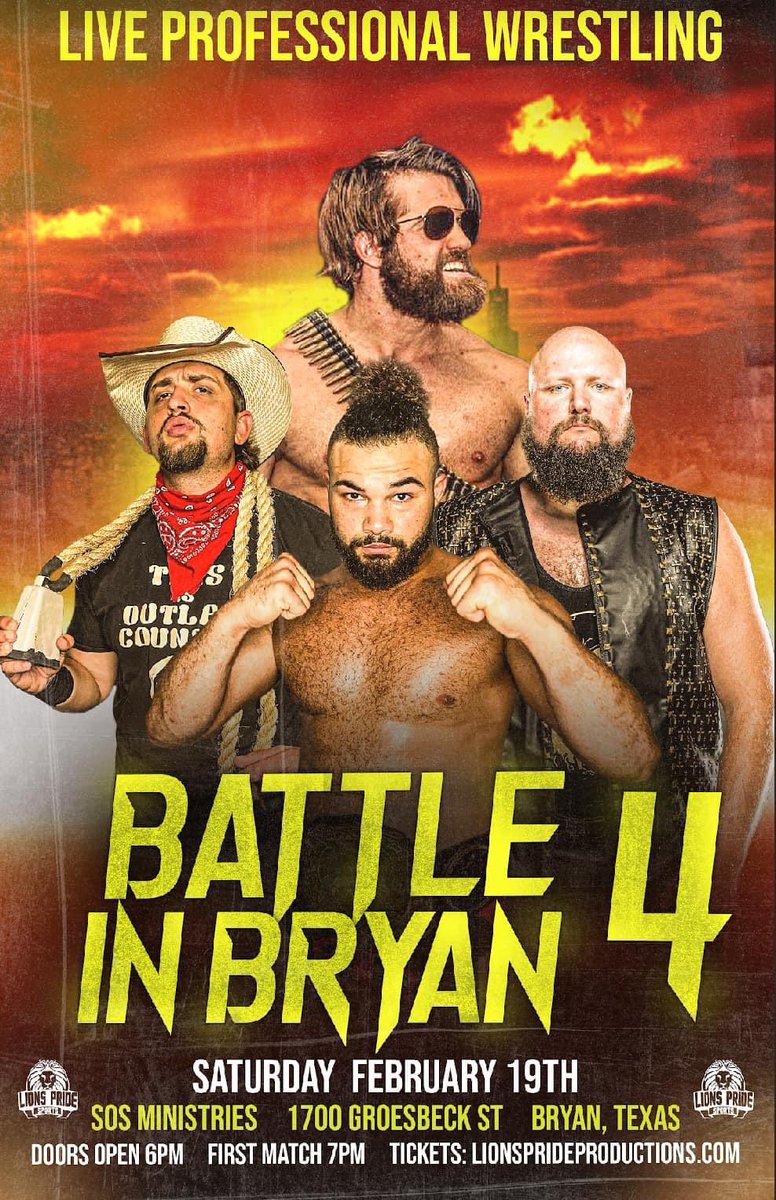 LionsPrideTX's tweet photo. ON SATURDAY, FEBRUARY 19, 

LIONS PRIDE SPORTS PRESENTS: 

💥💥 #BATTLEINBRYAN4 💥💥

Matches TBA soon but tickets already on sale at:

https://t.co/39teWq1dJe! https://t.co/v305oRzfLv