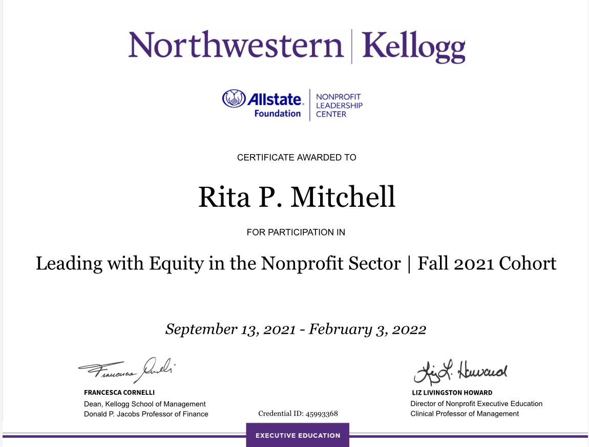 ritapmitchell's tweet photo. So honored to receive my certificate from @KelloggExecEd in Leading with Equity in the Nonprofit Sector https://t.co/1LuBTCWz18 sponsored by @AllstateFDN #diversityequityinclusion #leadershipdevelopment #nonprofitleadership #racialjustice #bhm https://t.co/DFfZlrPCEd
