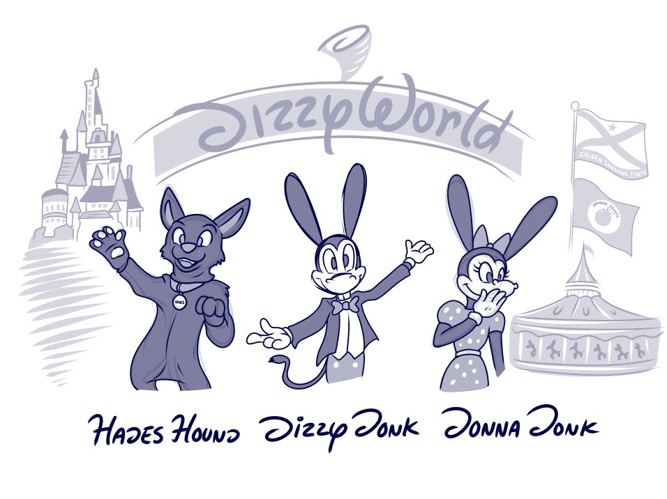 Some other concept art for this idea. The yeen is the main character in the story but not the theme park lore, that is Dizzy Donk who runs Dizzy World in some Orange County in some Golden Sunshine State. Yeah I been working on this idea on and off for a while now.