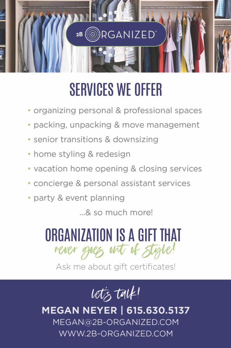 New Year Reminder: last year I made a huge pivot &amp; became a small business owner!
I’m now the proud owner of 2B Organized Southwest Missouri! 
Let me help you get organized! 

megan@2b-organized.com