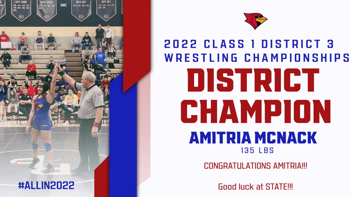 CHSCards's tweet photo. 🚨🚨🚨

Congratulations to CHS Freshman, Amitria McNack, on securing a District Championship tonight. McNack defeated Joiner from Lebanon 16-15 in an absolute THRILLER. 

STATE… HERE SHE COMES❗️❗️❗️

#ALLIN2022 
#itsaGREATdaytobeaCARDINAL

🔵⚪️🔴🐦🤼‍♀️ https://t.co/rZxJ6lvxUi