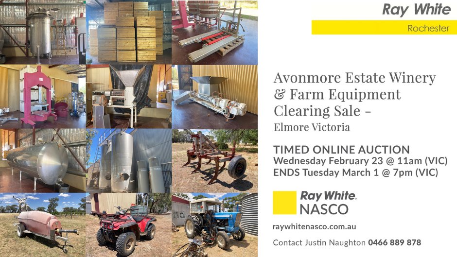 Avonmore Estate Winery &amp; Farm Equipment Clearing Sale
@nascoauctioneers #auction #ClearingSale #FarmEquipment #winery #wineries #winemaking #wine #wineindustry #WineEquipment #winemaker #cellar #Bottling
wineindustryclassifieds.com.au/Classified/avo…