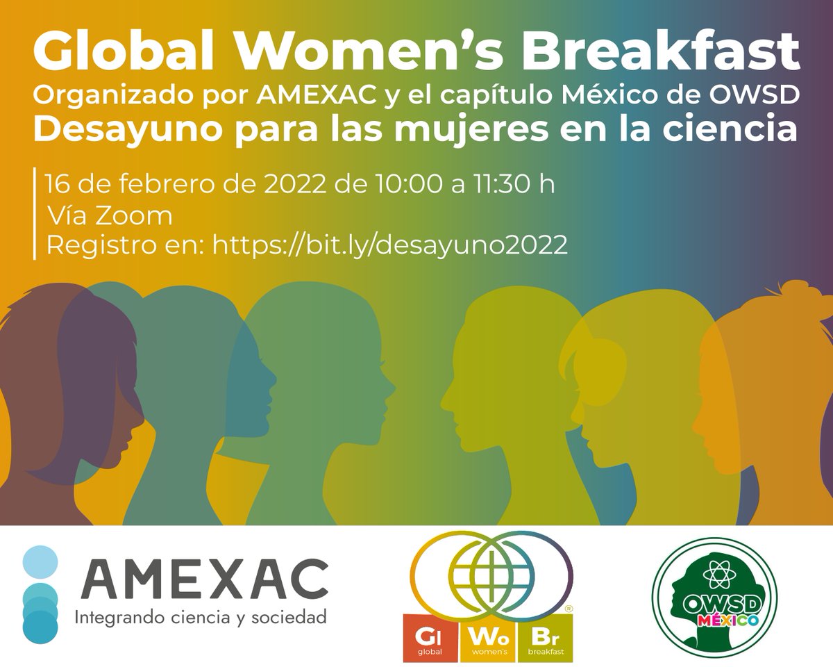 AMEXACiencia's tweet photo. AMEXAC y el capítulo México de la OWSD invitamos al desayuno para las Mujeres en la Ciencia, organizado en el marco del Global Women's Breakfast de la IUPAC.
Nos vemos por Zoom el próximo 16 de febrero.
Registro en: https://t.co/OpFkvGokKS
#GWB2022 #AMEXAC https://t.co/lksVv04Mnb