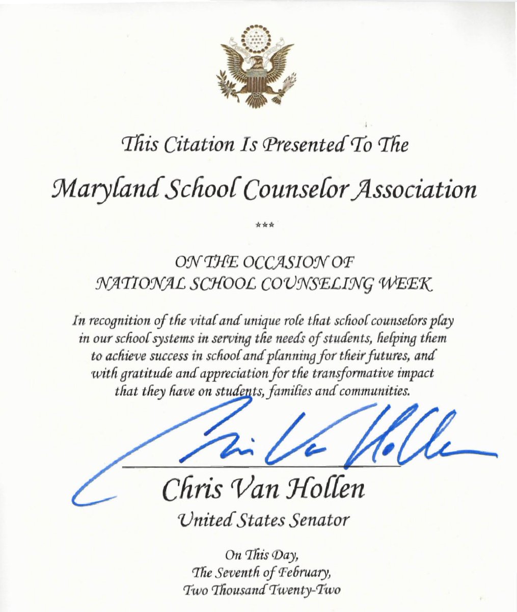 MSCA_MD's tweet image. Thank you @ChrisVanHollen for supporting Maryland School Counselors during #NSCW2022