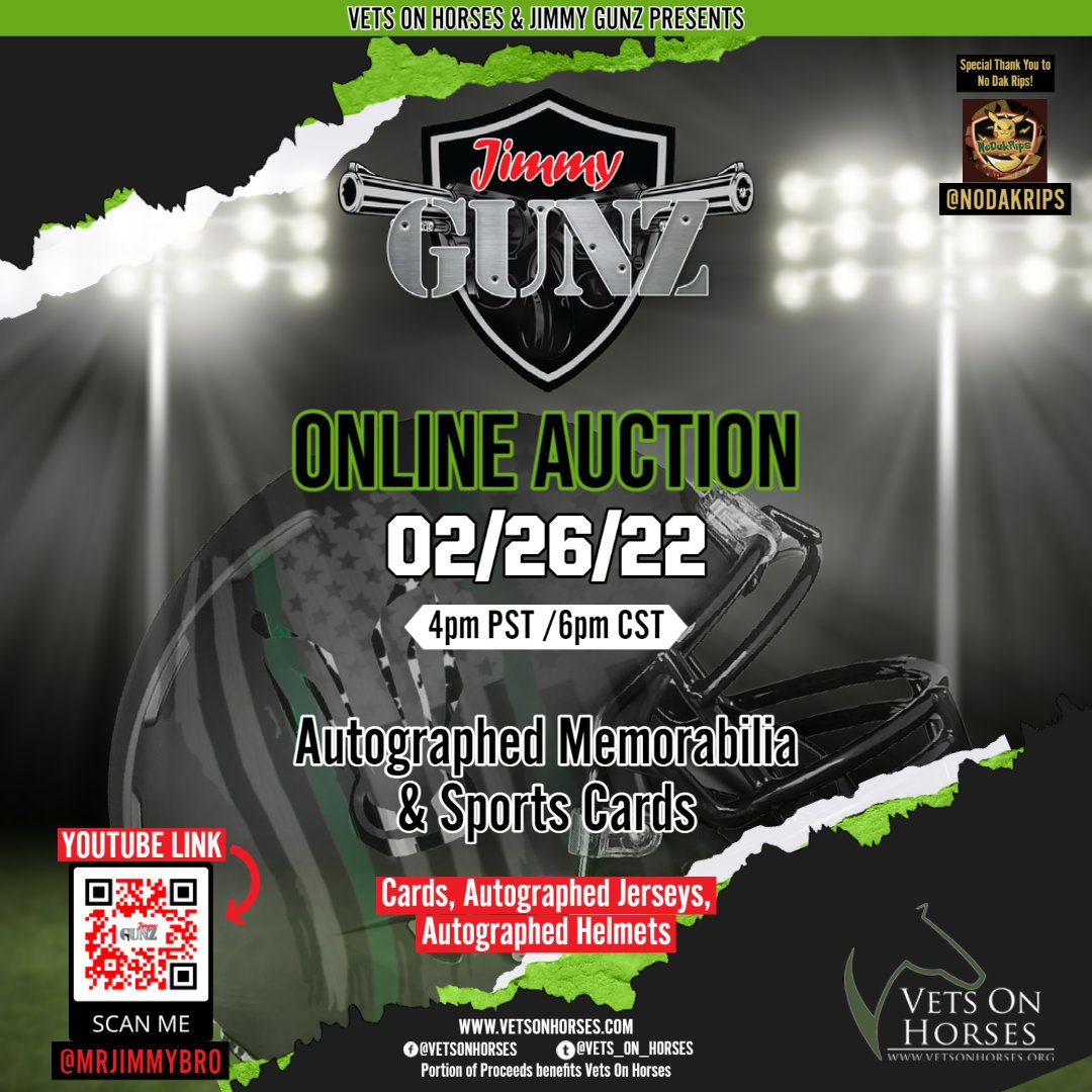 Join Vets On Horses for our Online Charity Auction Hosted by GUNZSHOW @MRJIMMYBRO Autographed Cards, Jerseys, Helmets, etc. On YOUTUBE 2/26 (4pm PST/6pm CST) Follow @MRJimmyBro and find out how to be entered to win a Magic Johnson Auto Card!! youtube.com/channel/UC0fY5… @NoDakRips