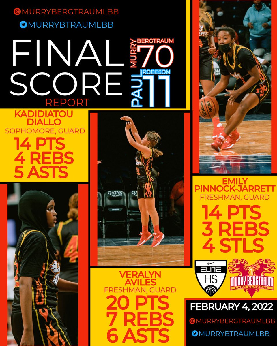 Recent result from our Lady Blazers. Bounced back with a win following a tough loss. 🔴❤️‍🔥🟡

Veralyn Aviles ‘25, Kadidiatou Diallo ‘24, and Emily Pinnock-Jarrett ‘25 led the way.

<a href="/CoachJNoel/">J. Noel</a> <a href="/NYGHoops/">NYGHoops</a> 

#nike #nikeelitehs #murrybergtraum #psal #nyc #family