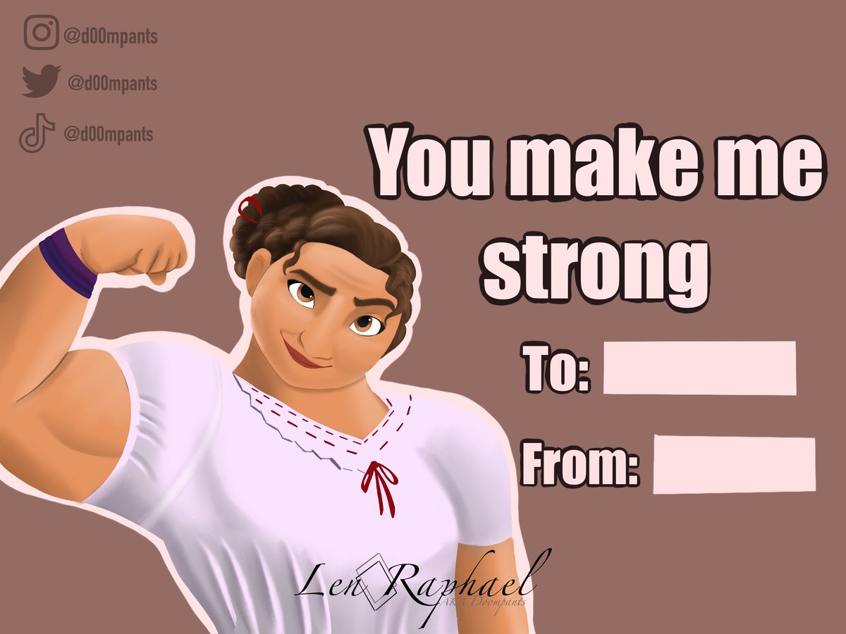 d00mpants's tweet photo. I made cards for #ValentinesDay and I'm still on it, one for each day up until Feb 14th. This is the first set, featuring characters from #Encanto 

Feel free to share them with friends or someone special 👀✌🏻✨

#artist #art #fandom #fanart #lenraphael https://t.co/3cTnzKuhrL