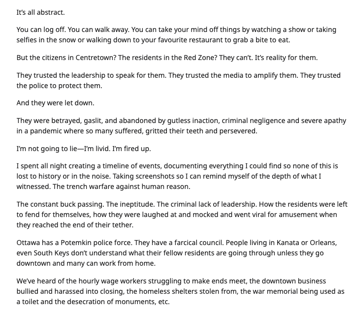 nroshak's tweet photo. This person. They've nailed it.

"You can log off. You can walk away....
But the citizens in Centretown? The residents in the Red Zone? They can’t. It’s reality for them."

https://t.co/FX9WYHJREv https://t.co/ww8Nz7WEc3