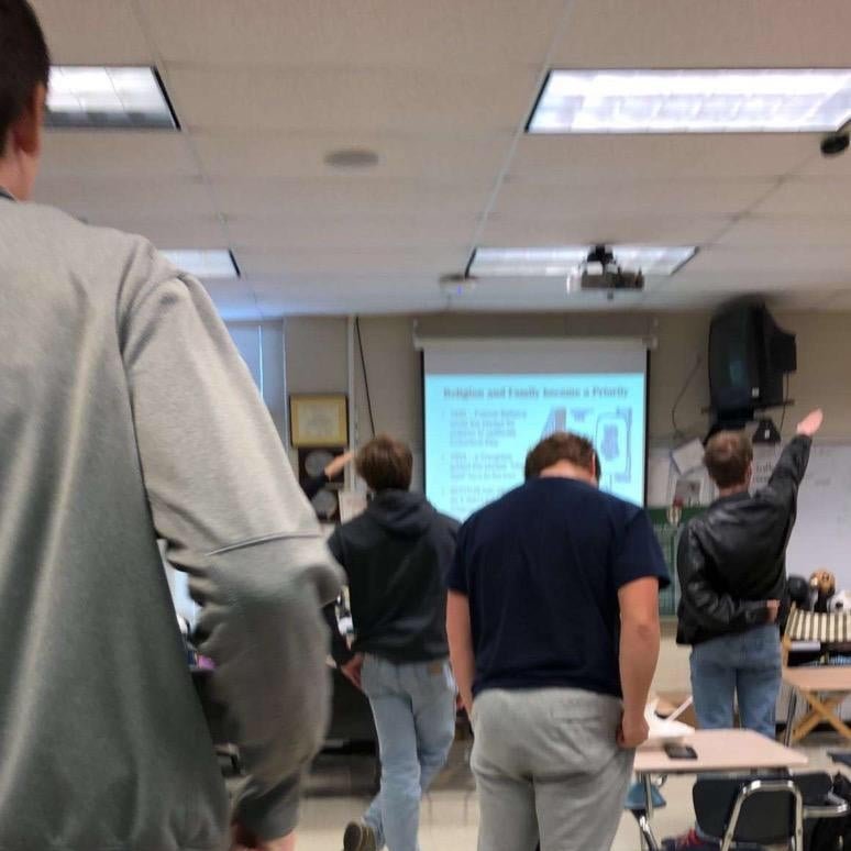 StopAntisemites's tweet photo. More antisemitic controversy at @mtnbrookhs as an 11th grade history teacher instructs students to perform Nazi salutes as they stand facing the American flag. 

A few of the students refused to participate; the school's Principal and Vice Principal are aware. 

SICKENING. https://t.co/MiP3tqZicD