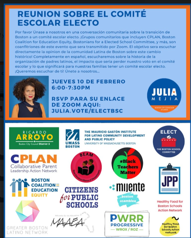 Bostonians made it clear last November on Election Day - we want an elected School Committee! Learn more about the next steps in this critical process. Spanish language Town Hall coming up Thursday, 02/10