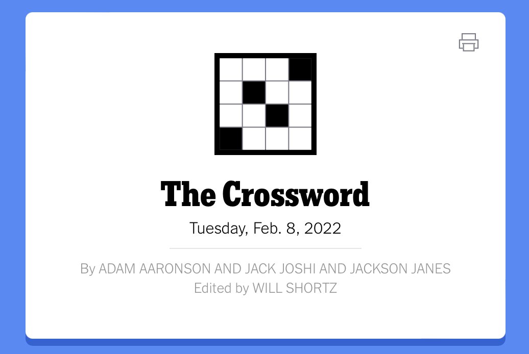 ✨personal news✨ BREAKING: Sources are saying I just made my #nytxw debut with two college friends, @aaaronson and @jajoshi19! After solving crosswords for years, I never expected to ever construct one, let alone get it published in @NYTimesWordplay! Go give it a solve!