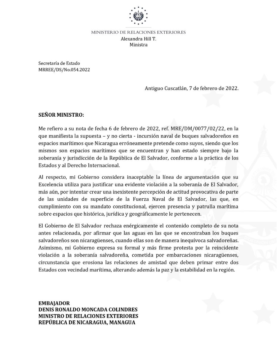cancilleriasv's tweet photo. El Salvador rechaza enérgicamente el contenido de la nota diplomática de Nicaragua; además, expresa su más firme protesta por la reincidente violación a su soberanía.

Insta al Gobierno de Nicaragua a sumarse en trabajar juntos en la consolidación de una zona de paz y desarrollo. https://t.co/aj8oo6xoBn
