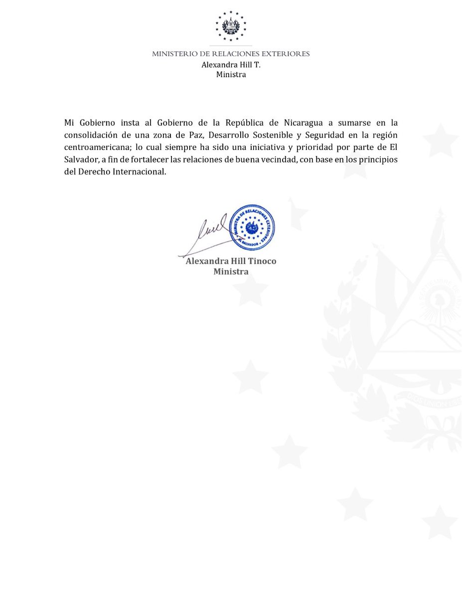 cancilleriasv's tweet photo. El Salvador rechaza enérgicamente el contenido de la nota diplomática de Nicaragua; además, expresa su más firme protesta por la reincidente violación a su soberanía.

Insta al Gobierno de Nicaragua a sumarse en trabajar juntos en la consolidación de una zona de paz y desarrollo. https://t.co/aj8oo6xoBn