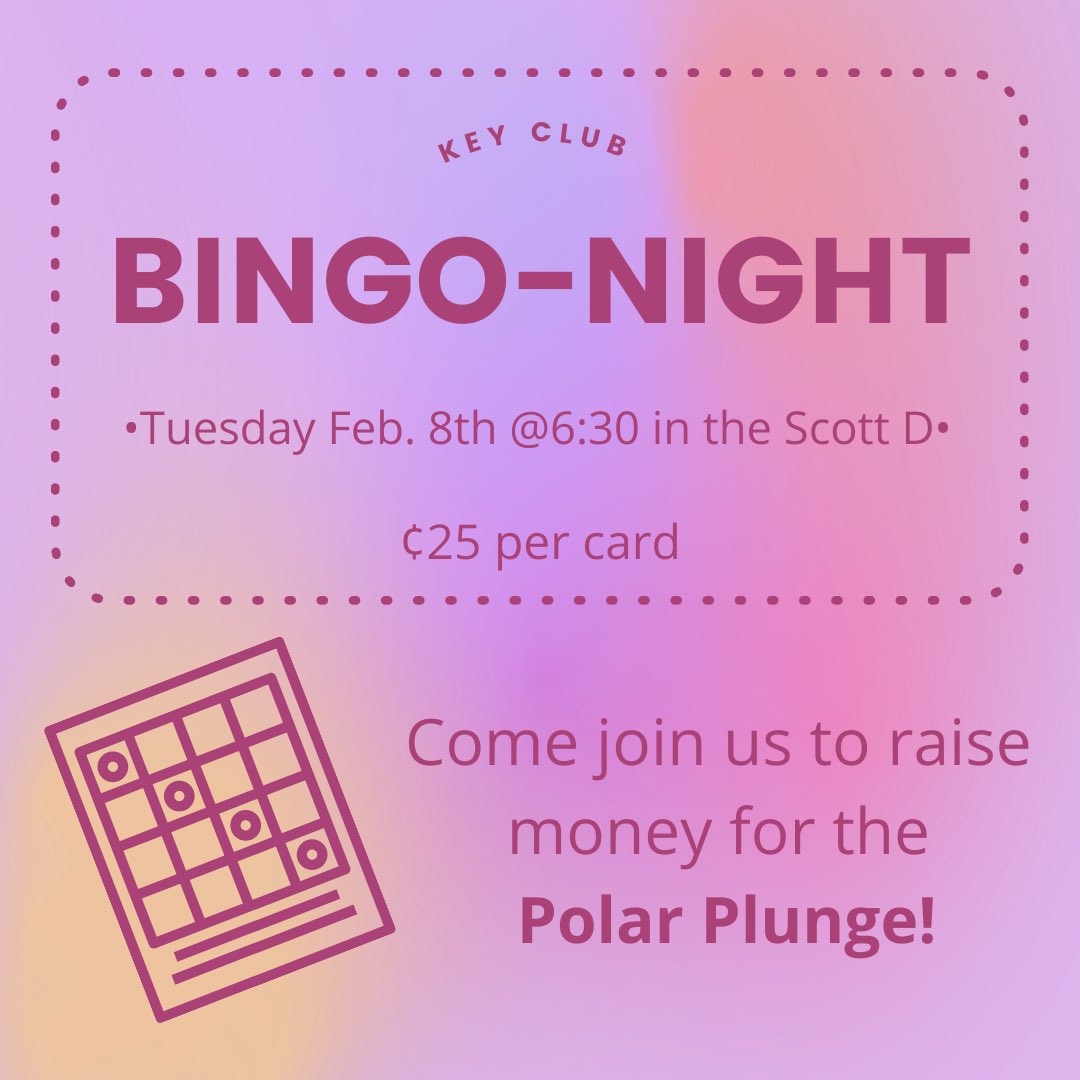 KeyClubatKHS's tweet photo. Bingo Night in the Scott D tomorrow!Help us raise money for the Polar Plunge, which is a fundraiser for the Special Olympics. ¢25 a card and anyone can come, hope to see you there! @JGanz23 @KearneyHigh @davgifford https://t.co/4QXkO9n95Z