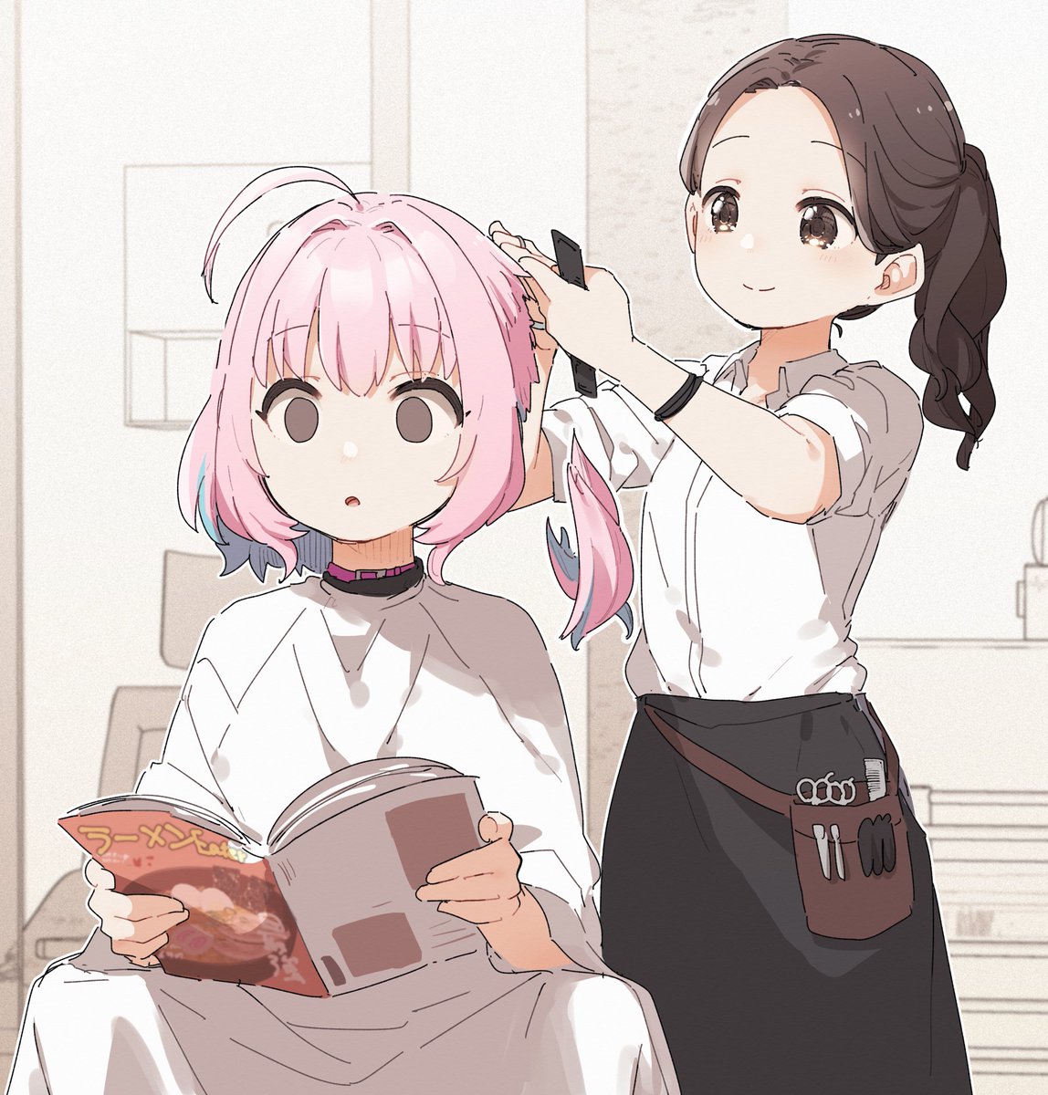 yumemi riamu multiple girls 2girls pink hair shirt holding ahoge white shirt  illustration images