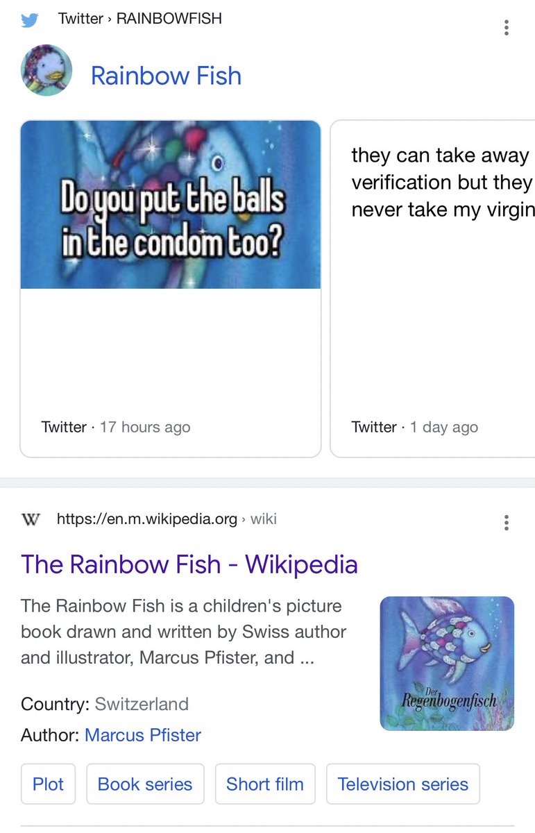 RT @RAINBOWFlSH: imagine googling “rainbow fish” to read the wikipedia and you see this is ranked higher https://t.co/i25YyWfJ1M