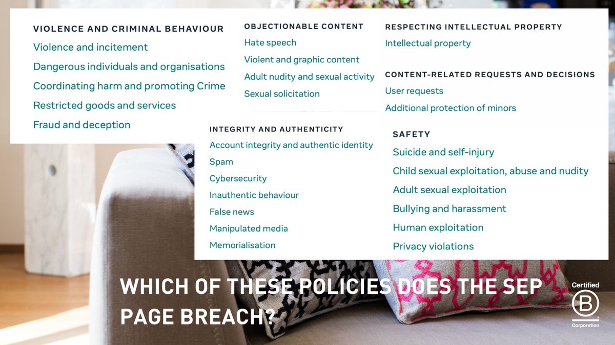 Sep Jordan (@sepjordan) on Twitter photo Which one of the <a href="/Meta/">Meta</a> policies do you think SEP page breaches? We are permanently banned from advertising on #facebook and #instagram AND they wont tell us WHY. #bcorporation <a href="/BLabSwitzerland/">B Lab Switzerland</a> <a href="/BCorpEurope/">B Corporation Europe</a> <a href="/BCorporation/">B Lab</a> #sepjordan Which one of the <a href="/Meta/">Meta</a> policies do you think SEP page breaches? We are permanently banned from advertising on #facebook and #instagram AND they wont tell us WHY. #bcorporation <a href="/BLabSwitzerland/">B Lab Switzerland</a> <a href="/BCorpEurope/">B Corporation Europe</a> <a href="/BCorporation/">B Lab</a> #sepjordan
