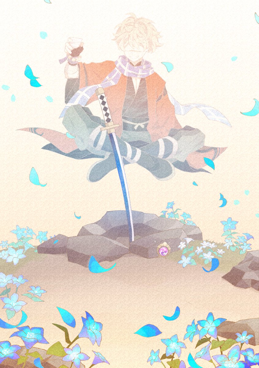 1boy weapon sitting male focus sword flower solo  illustration images