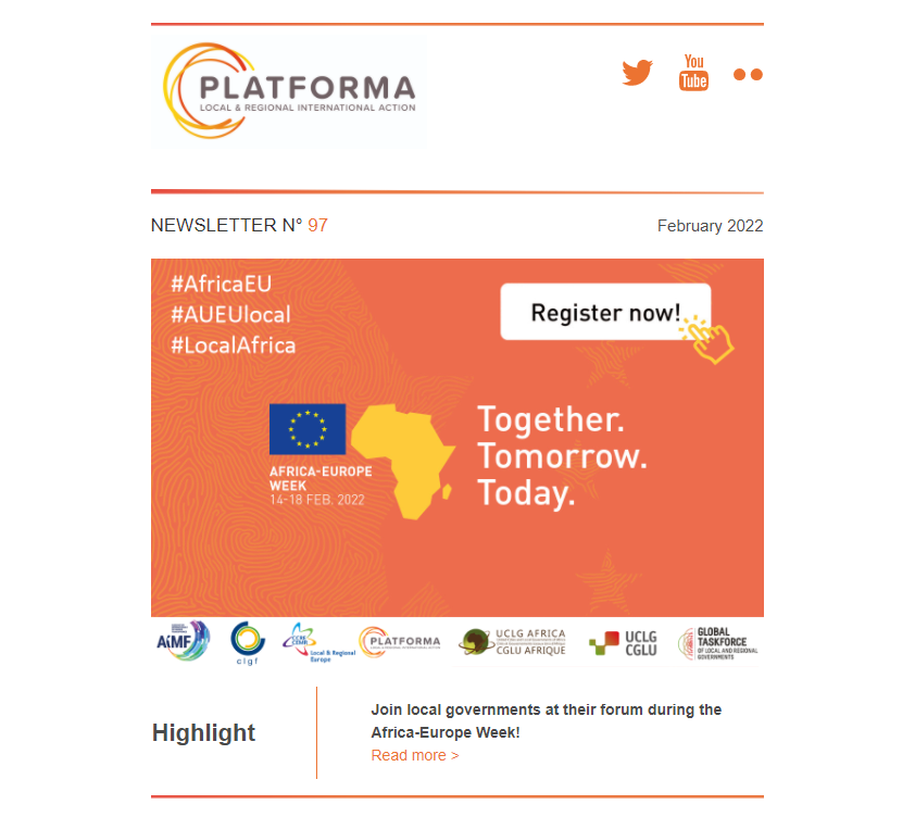Platforma4Dev's tweet photo. 📢Discover the latest news of our coalition!
#AfricaEU #AUEUlocal #LocalAfrica
#LocalizingSDGs
#SDG5 #GenderEquality
#BridgesofTrust
#GOLDIV #KNOW2022 #Listen2Cities
#IncluCities
#EUGreenCapital #EUGreenLeaf
#EuropeanYouthCapital2022
#RencontresAICT2022
https://t.co/RsTFdVdoI3 https://t.co/JoaQXbSRHl