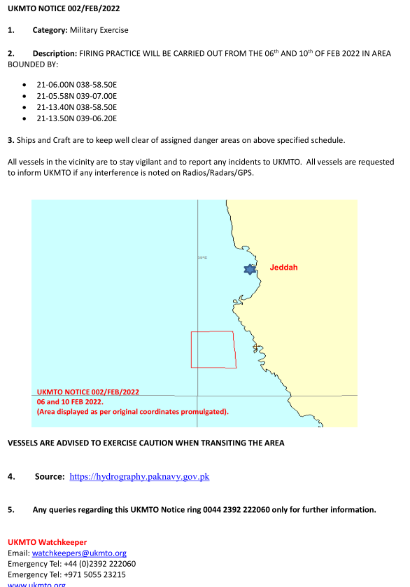UK_MTO's tweet photo. UKMTO NOTICE 002 FEB 2022
Category: Military Exercise.
Description: Firing Practice will be carried out from 06th to 10th of February 2022 details below.
https://t.co/CEtV3QHDlN
#MaritmeSecurity #MarSec https://t.co/lFk5cP9UsI