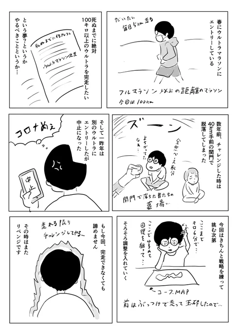 僕はフルもサブ4達成できてない実力なのでわりと高めの目標ではあります。

性格的に長くゆっくり走るのが好きなんですが、関門という時間制限があるのです…

#1Pマンガ 