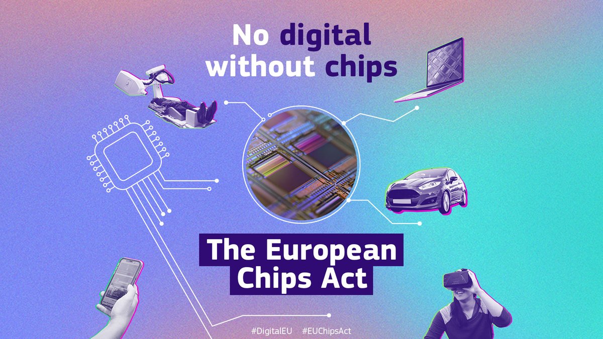 DigitalEU's tweet photo. From smartphones to lifesaving medical equipment, chips are the essential building blocks of digital products we use constantly. 

Today the @EU_Commission proposes new measures to strengthen Europe's resilience &amp; leadership 💪

🇪🇺📀 The #EUChipsAct 👉 https://t.co/rVE8ScmNYf https://t.co/X0RbeHy3Lc