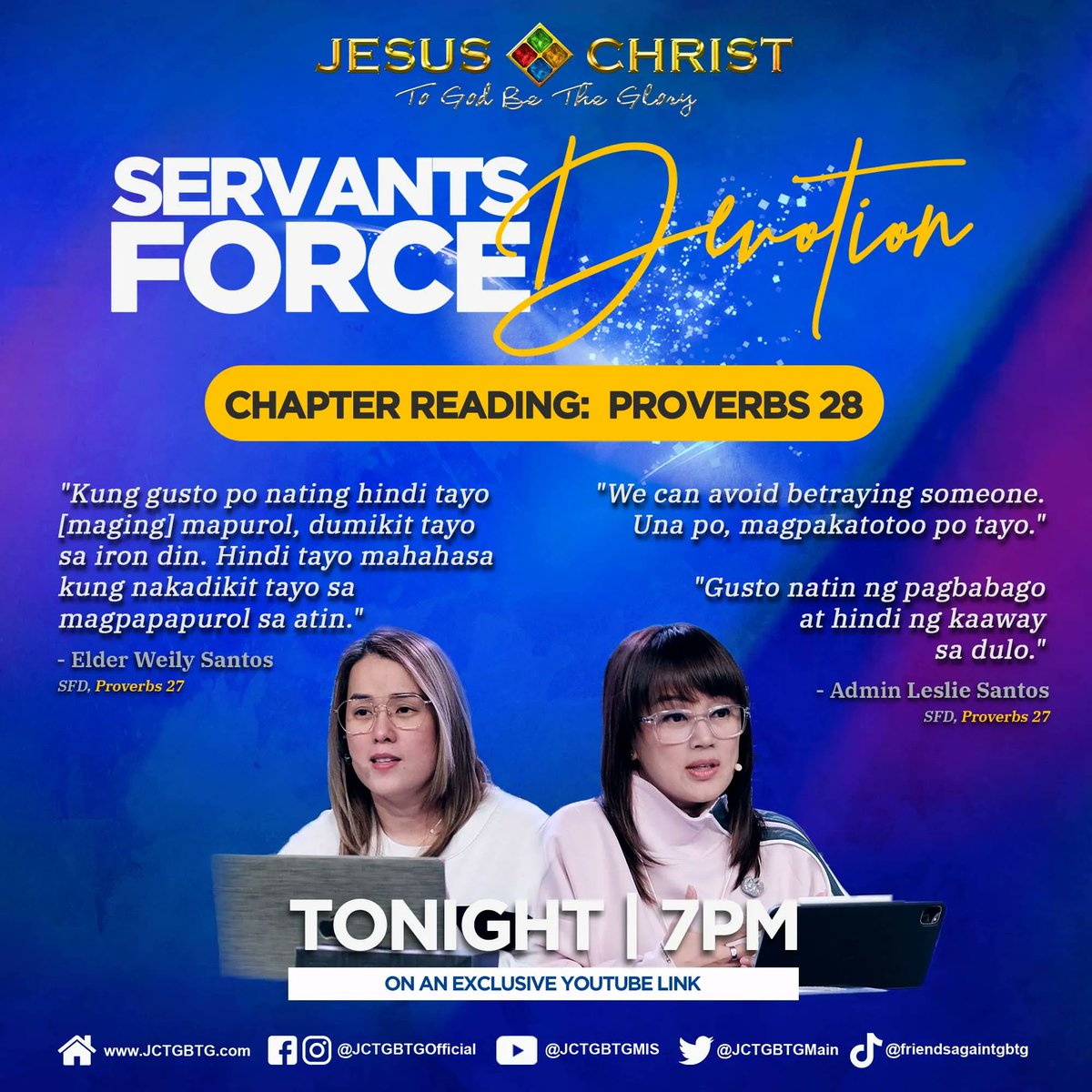 JCTGBTGMain's tweet photo. Need encouragement? Be a part of our weekly Servants Force Devotion with Admin Leslie and Elder Weily Santos on our Official YouTube Channel. We are LIVE every Tuesday at 7pm! See you there! ππ
#JCtGbtgMain #JCTGBTG #OnlineDevotion https://t.co/0RFtcfG58f