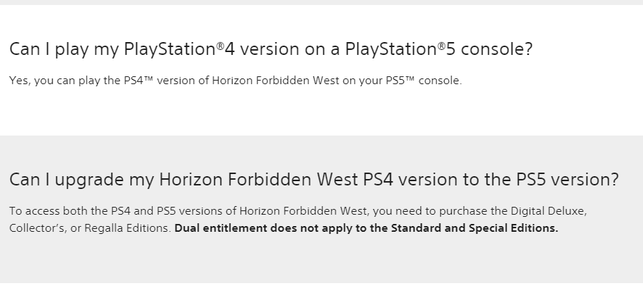 TerranceFraser's tweet photo. @JeffGrubb They even posed the question in their support page and then answered a completely different question; it sounds like you can upgrade to PS5, but it becomes PS5 only, so you can't then play it on PS4. But assuming that is the case, they're really going out of their way to hide it. https://t.co/wCLCpaGbvd