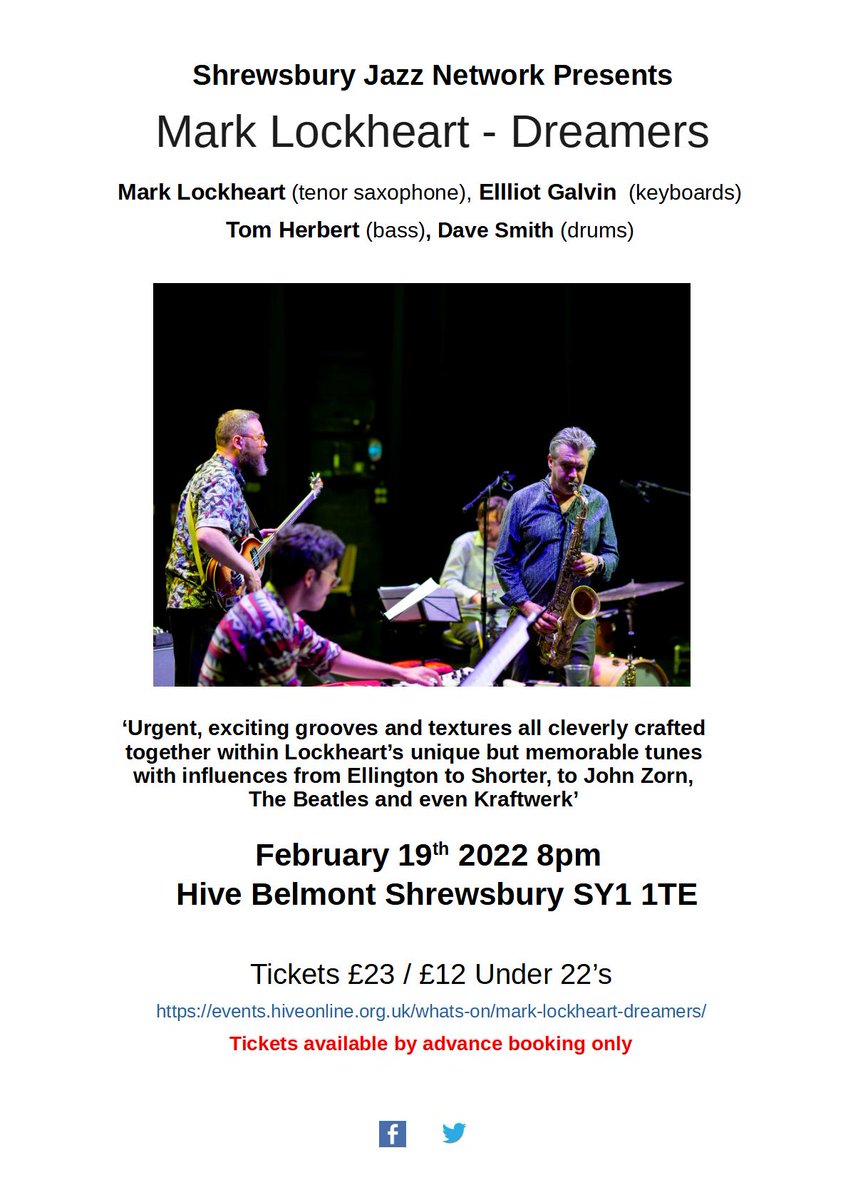 Shrewsbury Jazz Netw (@shrewsburyjazz) on Twitter photo #jazzmusic <a href="/HiveShrewsbury/">Hive Shrewsbury</a> Saturday 19th February 8pm marklockheart.co.uk/dreamers
<a href="/OriginalShrews/">Original Shrewsbury</a> <a href="/ShrewsburyBID/">Shrewsbury BID</a> <a href="/MyShrews/">MyShrews</a> @ShrewsColGroup <a href="/HollyRees1971/">Holly Rees</a> <a href="/PENGWERNBOOKS/">PENGWERN BOOKS</a> <a href="/ShropshireStar/">Shropshire Star</a> #jazzmusic <a href="/HiveShrewsbury/">Hive Shrewsbury</a> Saturday 19th February 8pm marklockheart.co.uk/dreamers
<a href="/OriginalShrews/">Original Shrewsbury</a> <a href="/ShrewsburyBID/">Shrewsbury BID</a> <a href="/MyShrews/">MyShrews</a> @ShrewsColGroup <a href="/HollyRees1971/">Holly Rees</a> <a href="/PENGWERNBOOKS/">PENGWERN BOOKS</a> <a href="/ShropshireStar/">Shropshire Star</a>