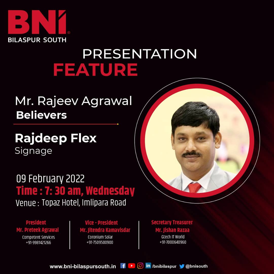 BniSouth's tweet photo. BNI Bilaspur South request the honor of your presence to join us for a feature presentation by Mr. Shashank Sinha from Extreme Rolling  Shutters and Mr. Rajeev Agrawal from Rajdeep Flex on 09 February 2022, venue : Topaz Hotel at 7:30 AM.

#feauturepresentation #bnibilaspursouth https://t.co/nsHVp9AQ2M