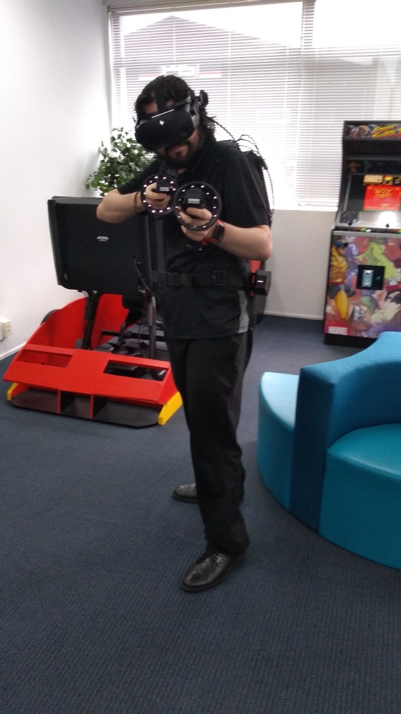 RetroVirtual's tweet photo. Nathan's modelling our latest project, a VR rig running off a backpack PC (which you can just about see). This could let us bring a VR rig out into the community, or let players move about freely in a much bigger play space.⁠
⁠
Watch this space!

#vrashburton #hpvrbackpack https://t.co/SmjKzmwqk0
