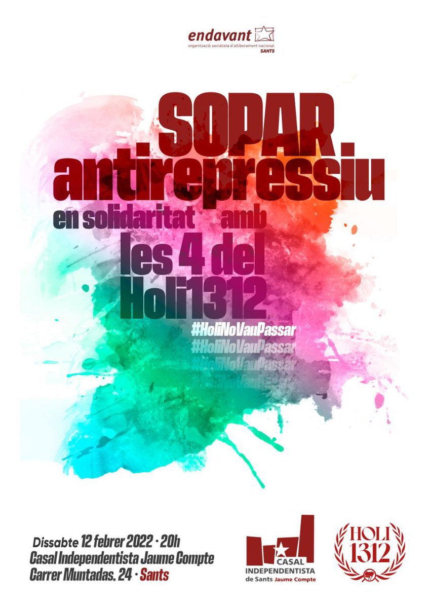 Aquest dissabte al Casal <a href="/jaume_compte/">Casal Independentista Jaume Compte</a> fem sopar antirepressiu en suport a les 4 companyes encausades pel <a href="/holi1312/">HOLI 1312 #HoliNoVauPassar</a> .  I recorda: Tot lo roig fa goig.