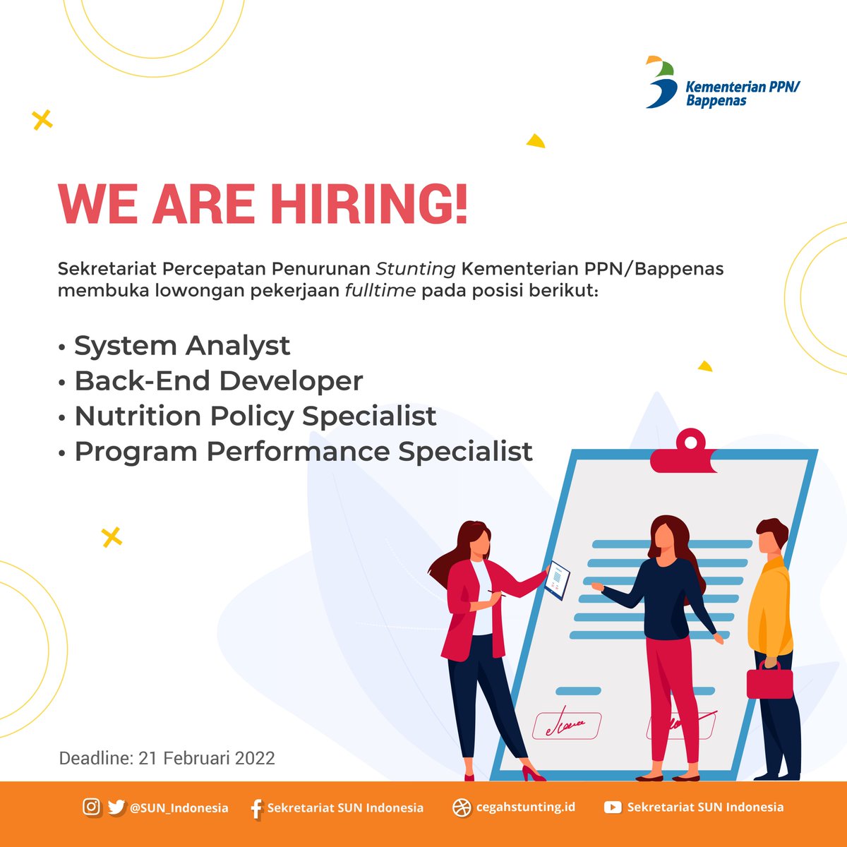[Lowongan Pekerjaan] ⁣⁣⁣⁣
⁣⁣⁣
Sekretariat Percepatan Penurunan Stunting Terintegrasi <a href="/bappenasri/">Kementerian PPN/Bappenas</a> saat ini membuka rekrutmen untuk 4 posisi fulltime 💼

Unduh Term of Reference (ToR) selengkapnya di bit.ly/TOR-INEY⁣⁣⁣ 📝