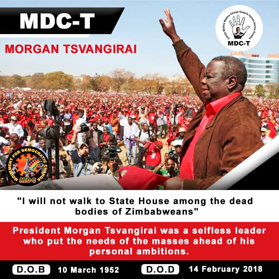 OurMDCT's tweet photo. President Morgan Tsvangirai was a selfless leader who put the needs of the masses ahead of his personal ambition.  As we celebrate his life this February,  lets cherish and preserve his legacy by turning out in huge numbers to vote for our candidates in the upcoming By Elections. https://t.co/ZCxNOgXnAG