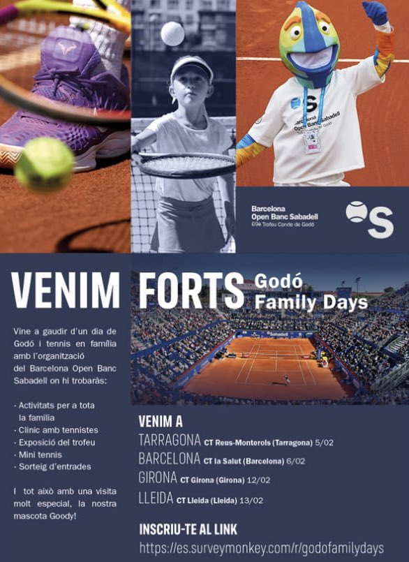 CTGirona's tweet photo. Veniu a gaudir d'una magnífica jornada de tennis: Godó Family Days, aquest Dissabte 12-2. A les 10hs finals Sub-14. 
12hs Clinic per a adults amb Tommy Robredo, exposició del trofeu del Comte de Godó, jocs i sortejos d'entrades per al @bcnopenbs https://t.co/x0Z6lIpf6x