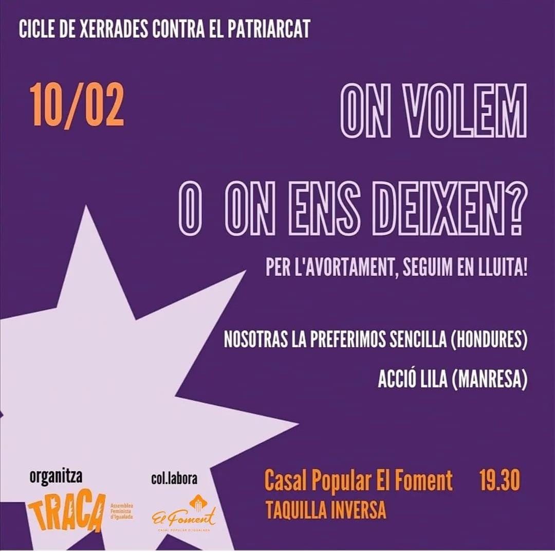 Aquest dijous us esperem a <a href="/El_Foment/">Casal Popular Igd</a> per parlar de l'avortament i comptem amb @Nosotraslaprefe i <a href="/AccioLila/">Acció Lila</a>. T'ho perdràs??!!